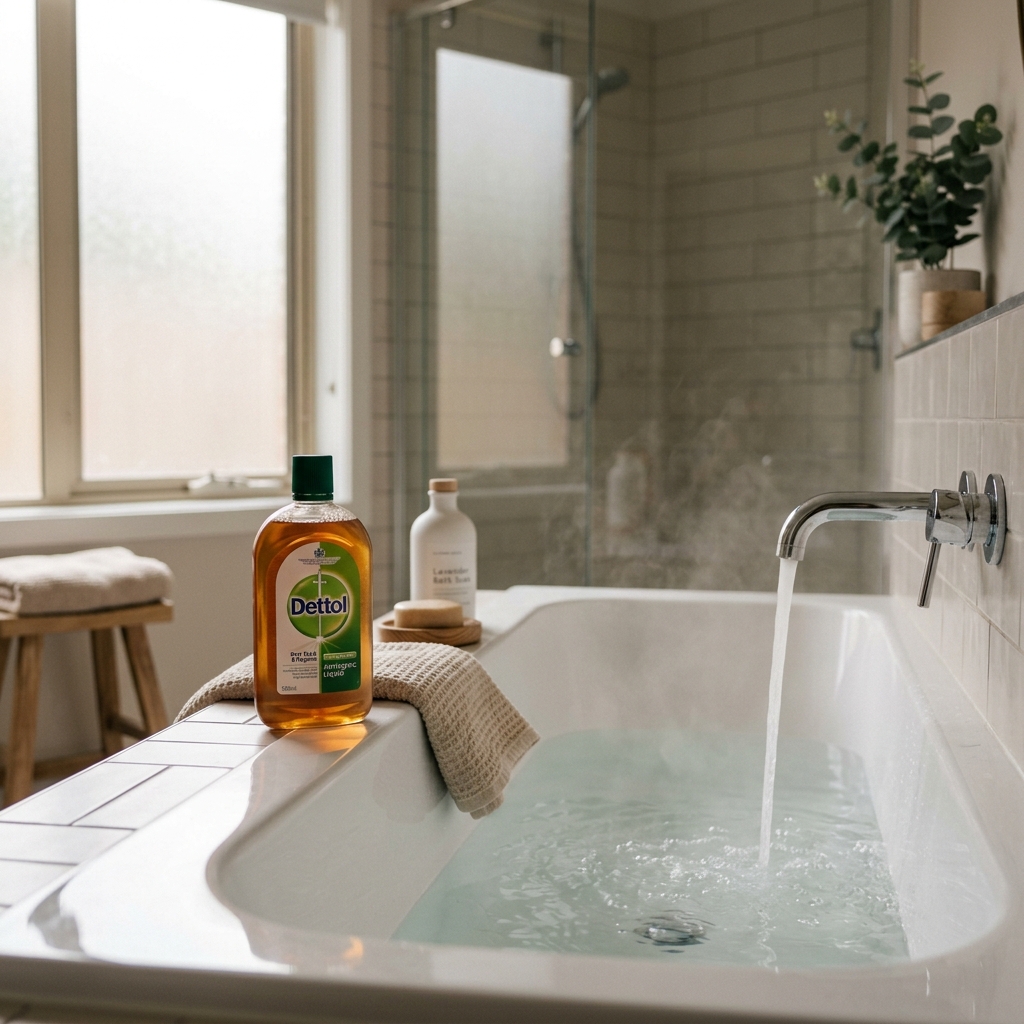 Dettol antiseptic bottle next to a bathtub