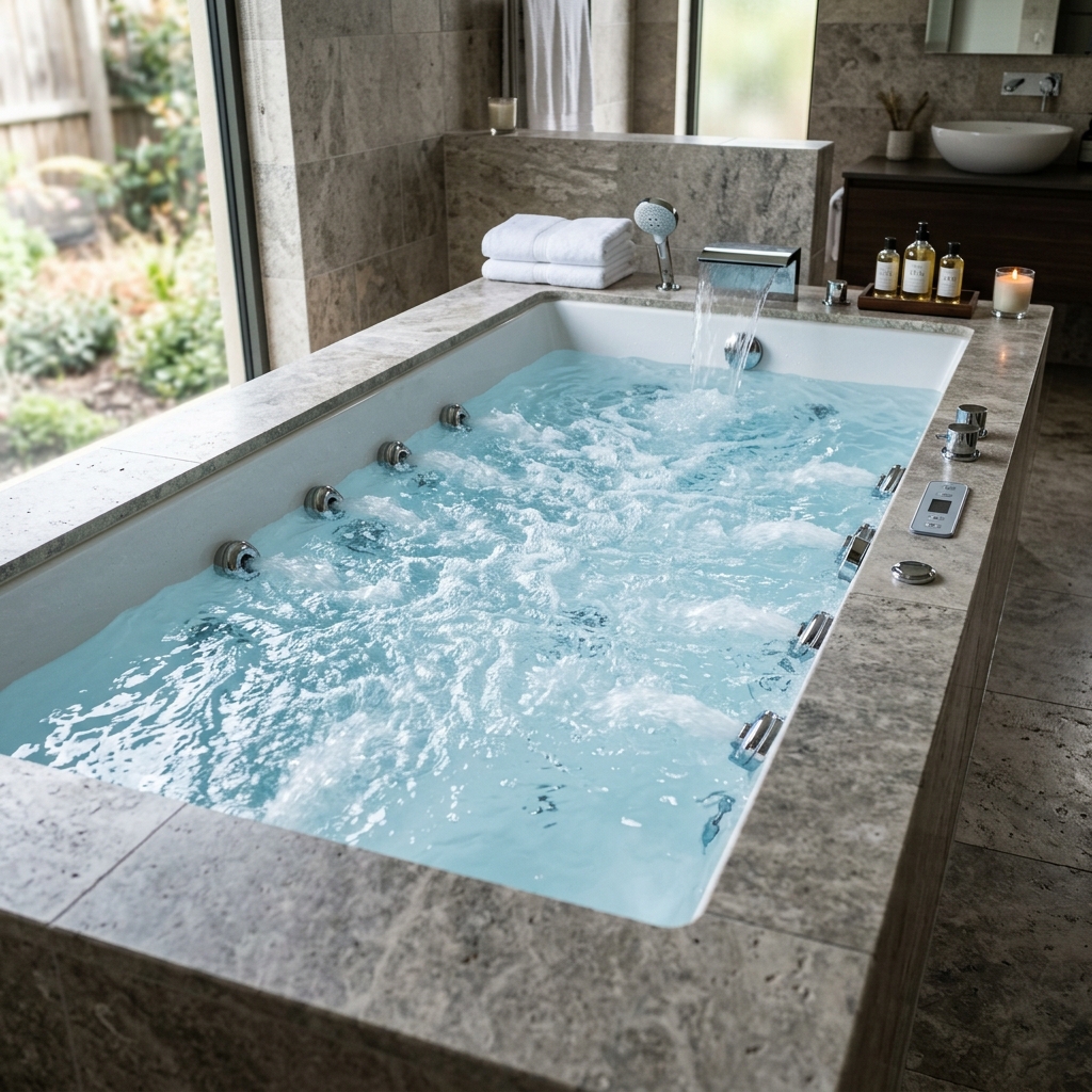 Sunlit freestanding bathtub in a serene spa bathroom